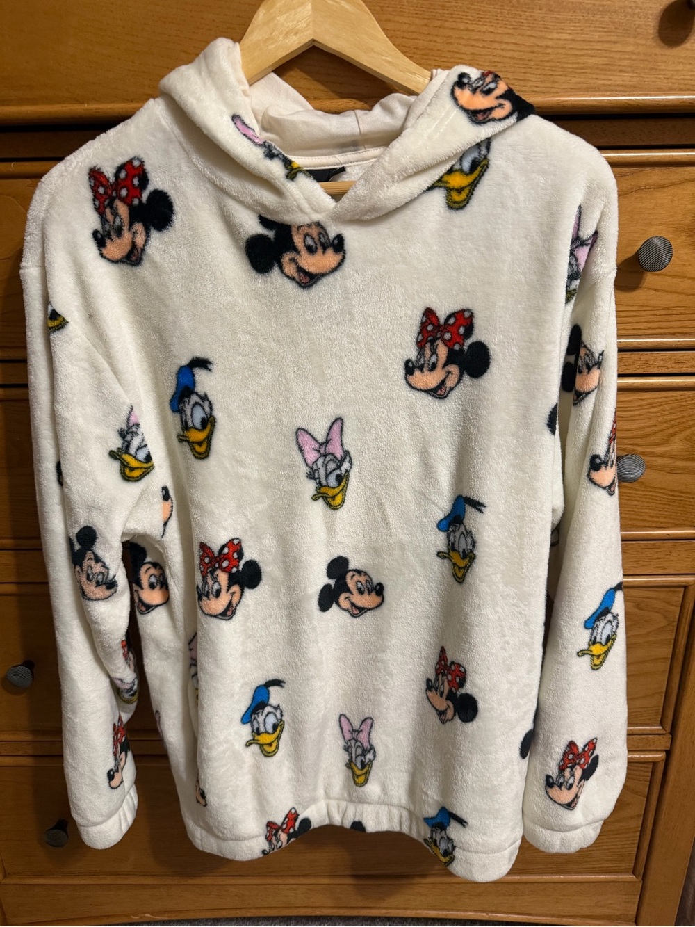 Disney Hoodie Pullover White Velour Womens Size Large Mickey Minnie Donald Goofy